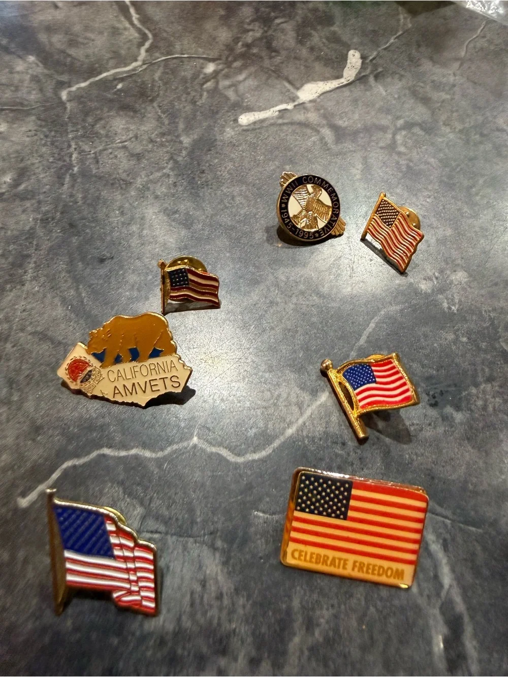 USA Patriotic American Flag Lapel Pin Set Red White Blue WW2 Comm Maxwell House